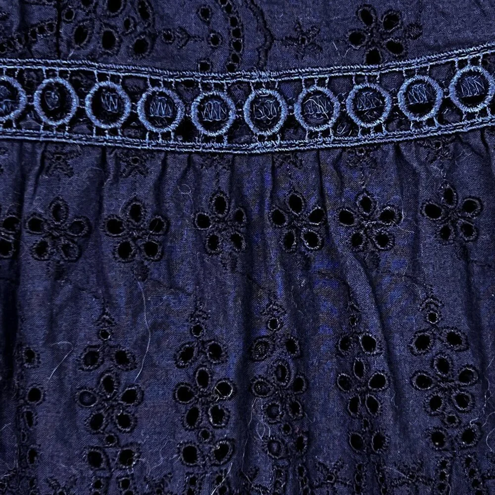 J. Crew Eyelet Lace Flutter Hem Embroidered Fit and Flare Cotton Dress Navy Sz 6